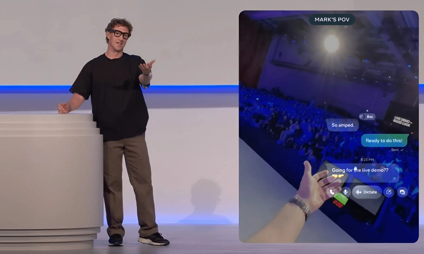 Mark Zuckerberg giới thiệu Ray-Ban Display và vòng tay mới tại hội nghị Meta Connect 2025 ở Menlo Park, California. Ảnh: Meta